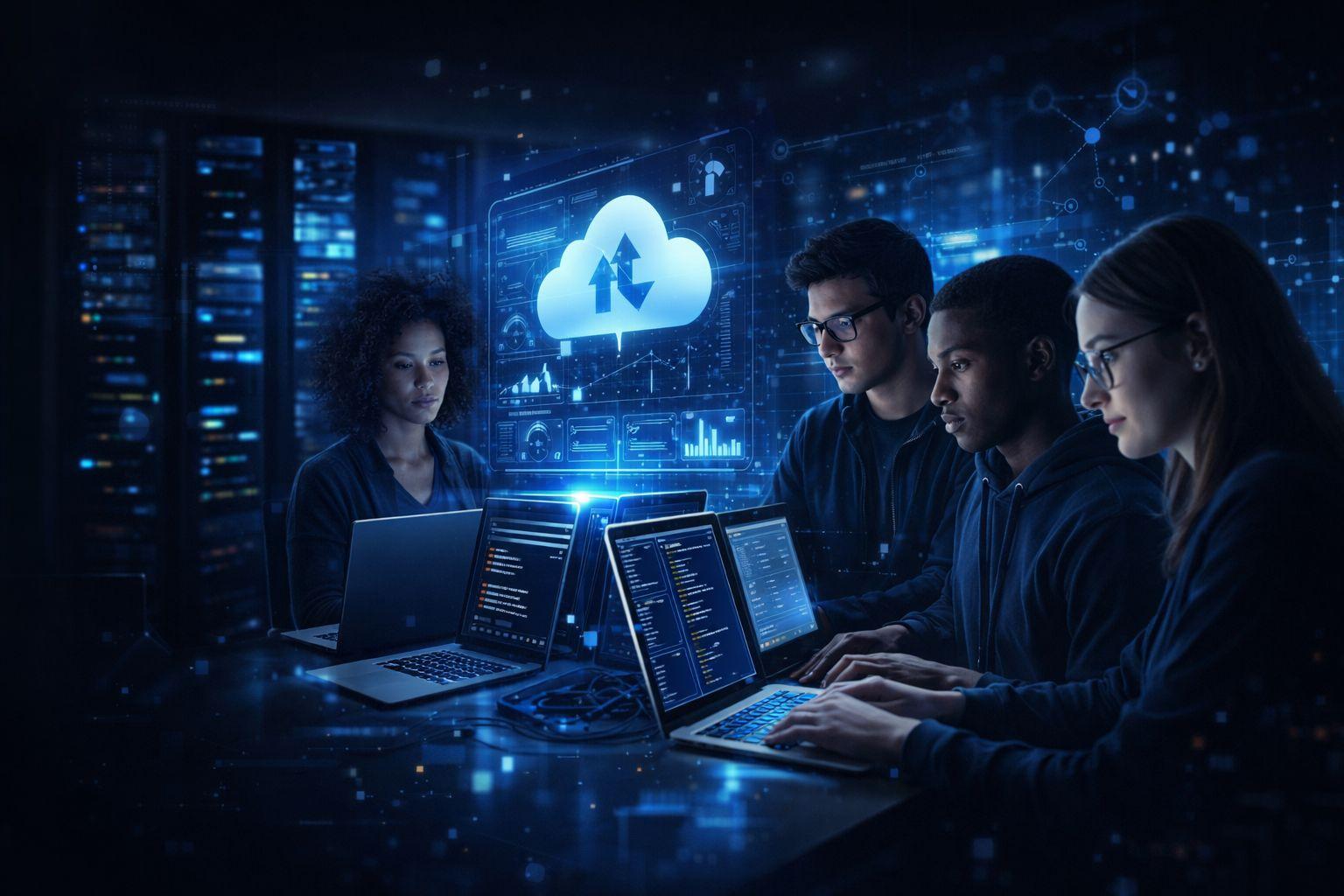 Team collaborating with cloud technology in a dark modern workspace